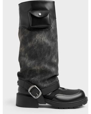 Charles & Keith Burnished Convertible Ruched Knee-High Boots - Black