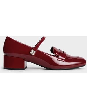 Charles & Keith Patent Pearl-Embellished Flower-Buckle Mary Jane Loafers - Red