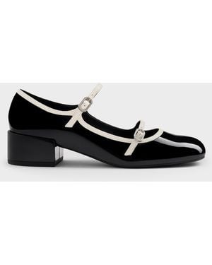 Charles & Keith Patent Contrast-Trim Double-Strap Mary Jane Pumps - Black