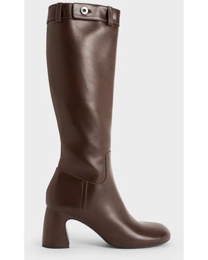 Charles & Keith Block-Heel Knee-High Biker Boots - Brown