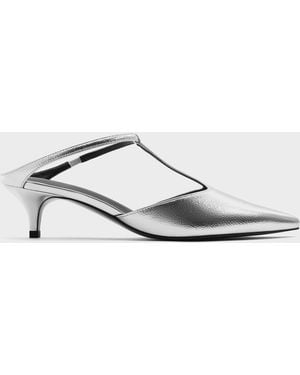 Charles & Keith Metallic T-Bar Kitten-Heel Mules - White