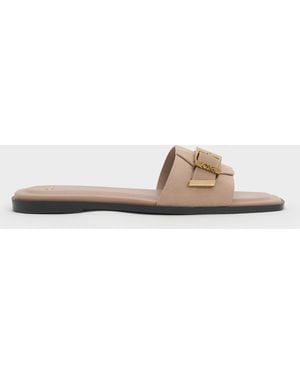 Charles & Keith Whitney Suede & Leather Slide Sandals - White