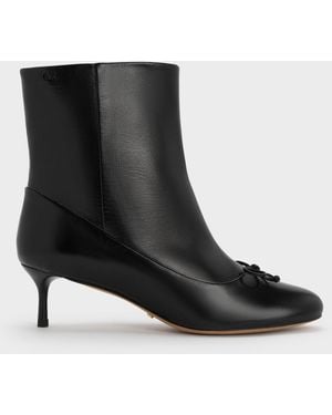 Charles & Keith Aretha Leather Bow Kitten-Heel Calf Boots - Black
