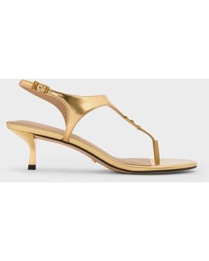 Charles & Keith Metallic Leather Thong Kitten Heels - Natural