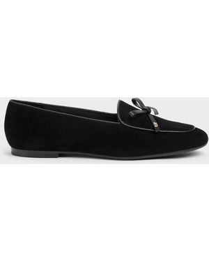 Charles & Keith Leather & Suede Bow Loafers - Black