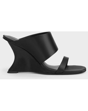 Charles & Keith Satin Double-Strap Wedge Mules - Black