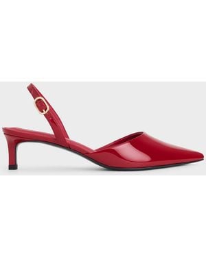 Charles & Keith Patent Pointed Slingback Kitten Heels - Red