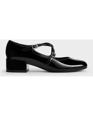 Charles & Keith Patent Crossover-strap Block-heel Mary Janes - Black