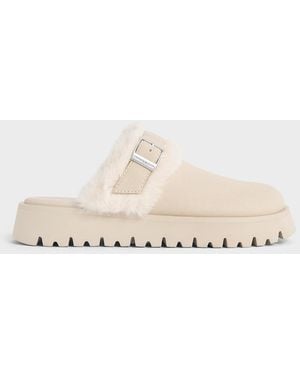 Charles & Keith Hannah Textured Fur-Trim Buckled Mules - Natural