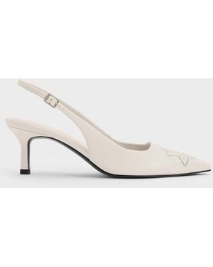 Charles & Keith Perforated Rose Pointed-Toe Kitten-Heel Slingback Court Shoes - Natural