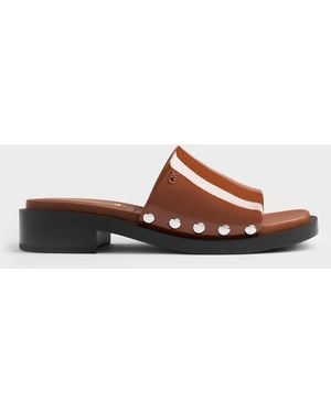 Charles & Keith Patent Leather Studded Sandals - Brown