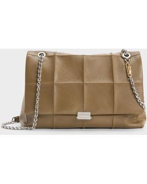 Charles & Keith Large Delfina Quilted Chain-Strap Shoulder Bag - Natural