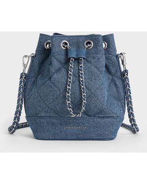 Charles & Keith Julia Denim Quilted Two-way Bucket Bag - Blue