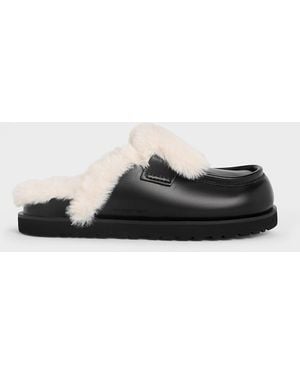 Charles & Keith Fur-Trim Flatform Mules - Black