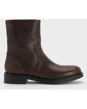 Charles & Keith Burnished Side-Zip Ankle Boots - Brown