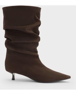 Charles & Keith Faux Suede Ruched Kitten-Heel Calf Boots - Brown