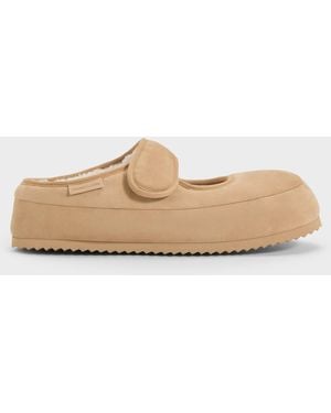 Charles & Keith Lumi Faux Suede & Faux Shearling Mules - Natural