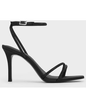 Charles & Keith Satin Crystal-Embellished Asymmetric Heeled Sandals - White