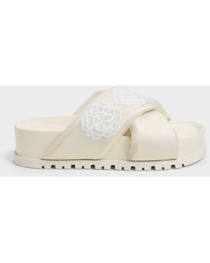 Charles & Keith Satin Embroidered-Flower Crossover Sandals - Natural