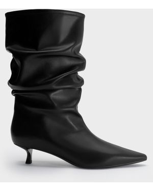 Charles & Keith Ruched Kitten-Heel Calf Boots - Black