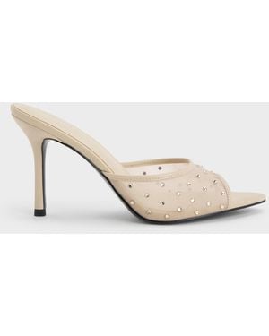 Charles & Keith Mesh Crystal Peep-Toe Heeled Mules - Natural