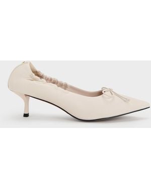 Charles & Keith Leather Ruched Pointed Kitten Heels - Natural