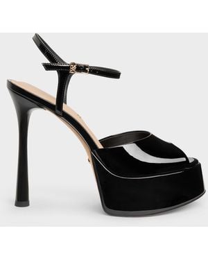 Charles & Keith Francesca Patent Leather Peep-Toe Platform Heels - Black