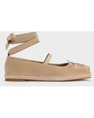 Charles & Keith Faux Suede Bow Tie-around Espadrille Ballet Flats - Natural