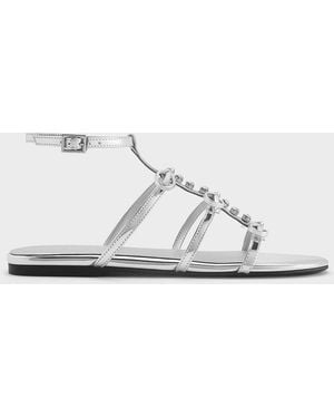 Charles & Keith Metallic Gem-Embellished Bow T-Bar Sandals - White