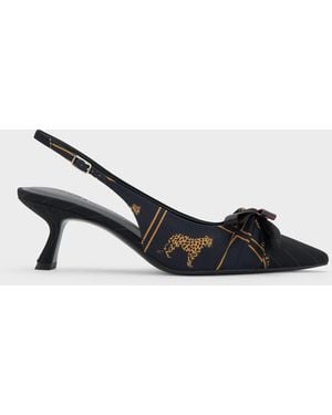 Charles & Keith Satin Printed-Bow Pointed Slingback Court Shoes - Multicolour