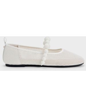 Charles & Keith Leather Mesh Beaded Mary Jane Flats - White