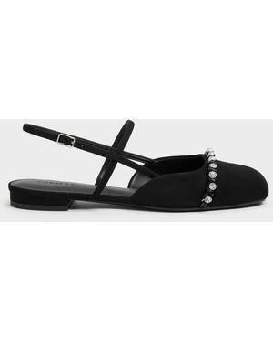 Charles & Keith Faux Suede Crystal Slingback Flats - White