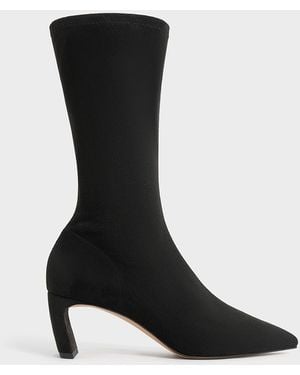 Charles & Keith Faux Suede Blade-Heel Pointed-Toe Calf Boots - Black