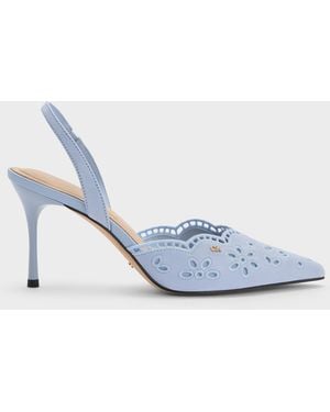Charles & Keith Leather Embroidered Pointed Slingback Court Shoes - Blue