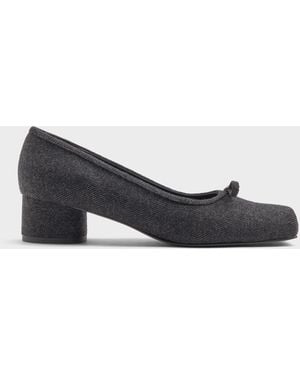Charles & Keith Felt Bow Square-Toe Court Shoes - Grey