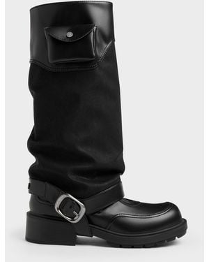 Charles & Keith Convertible Ruched Knee-High Boots - Black