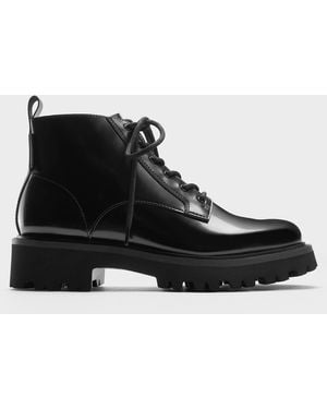 Charles & Keith Ridged-Sole Side-Zip Combat Boots - Black