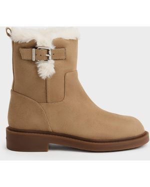 Charles & Keith Joni Faux Suede Fur-Trim Ankle Boots - Brown