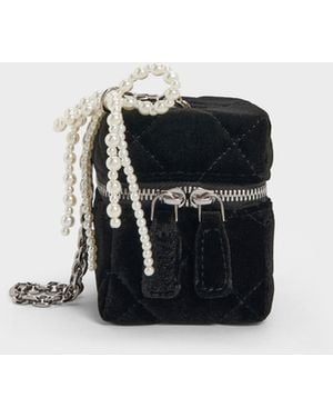 Charles & Keith Janie Velvet Quilted Pearl-Bow Micro Bag - Black