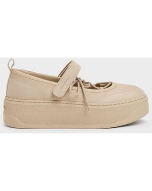 Charles & Keith Faux Suede Mary Jane Platform Sneakers - Natural