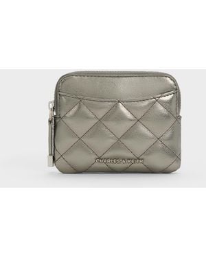 Charles & Keith Alva Metallic Quilted Top-zip Card Holder - Grey