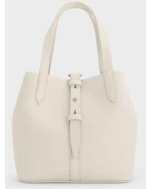 Charles & Keith Beryl Recycled Leather Double-Handle Belted Bucket Bag - Natural