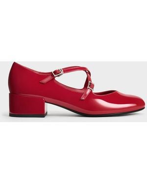 Charles & Keith Patent Crossover-strap Block-heel Mary Janes - Red