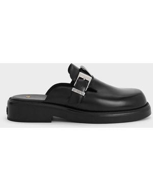 Charles & Keith Leather Buckled Mules - Black