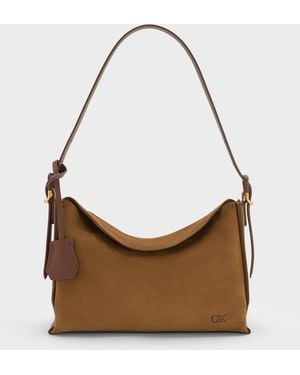 Charles & Keith Leather & Suede Top-Flap Hobo Bag - White
