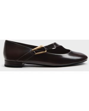 Charles & Keith Daena Leather Asymmetric-Strap Mary Janes - Brown