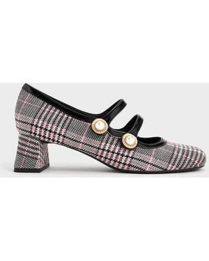 Charles & Keith Plaid Pearl-buckle Mary Jane Court Shoes - Grey