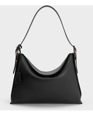 Charles & Keith Large Leather Top-Flap Hobo Bag - Black