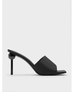 Charles & Keith Satin Crystal-Embellished Ball-Heel Mules - Black