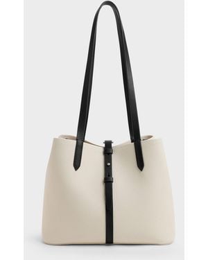 Charles & Keith Beryl Two-Tone Belted Bucket Bag - Natural